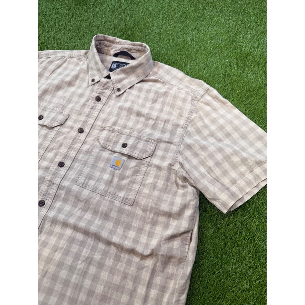 Carhartt Mens XL Loose Fit Short Sleeve Gingham Plaid Button Down Shirt Tan